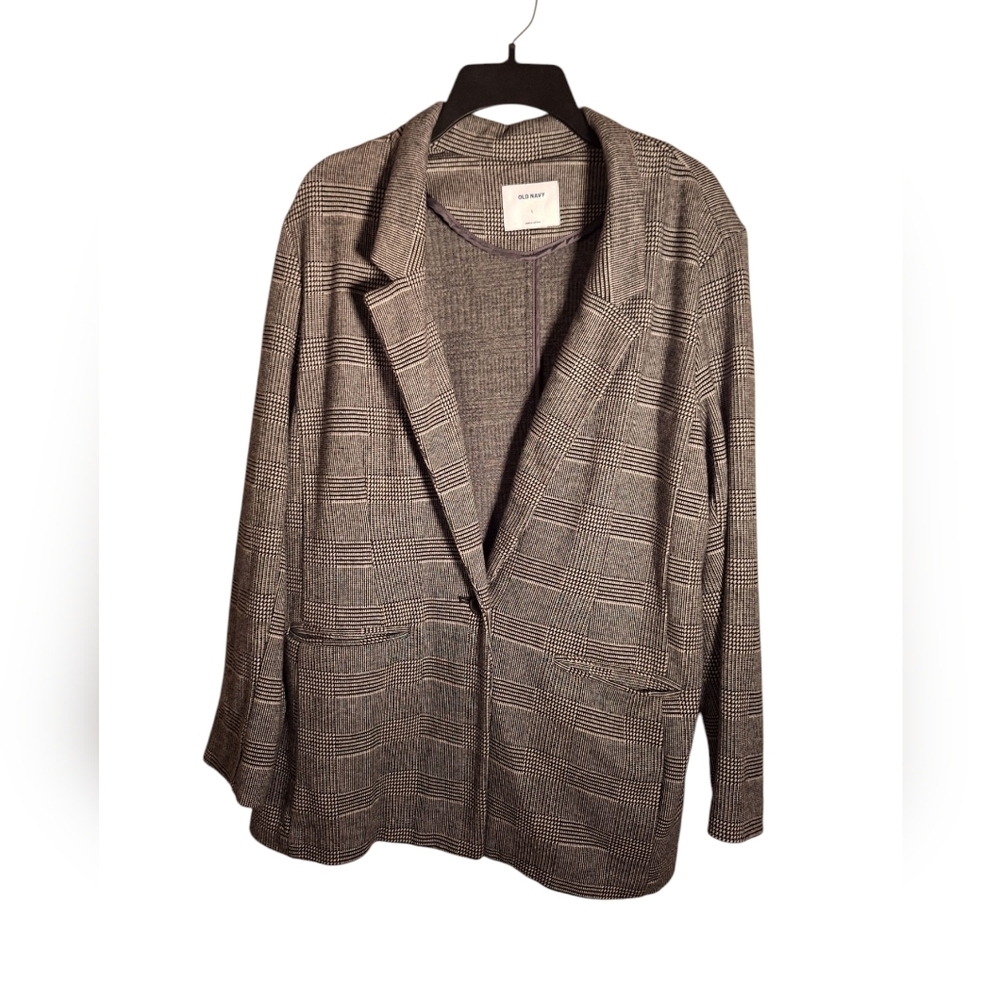 Old Navy Black/White Plaid Oversized Blazer Ladies Large Academia Classic Knit